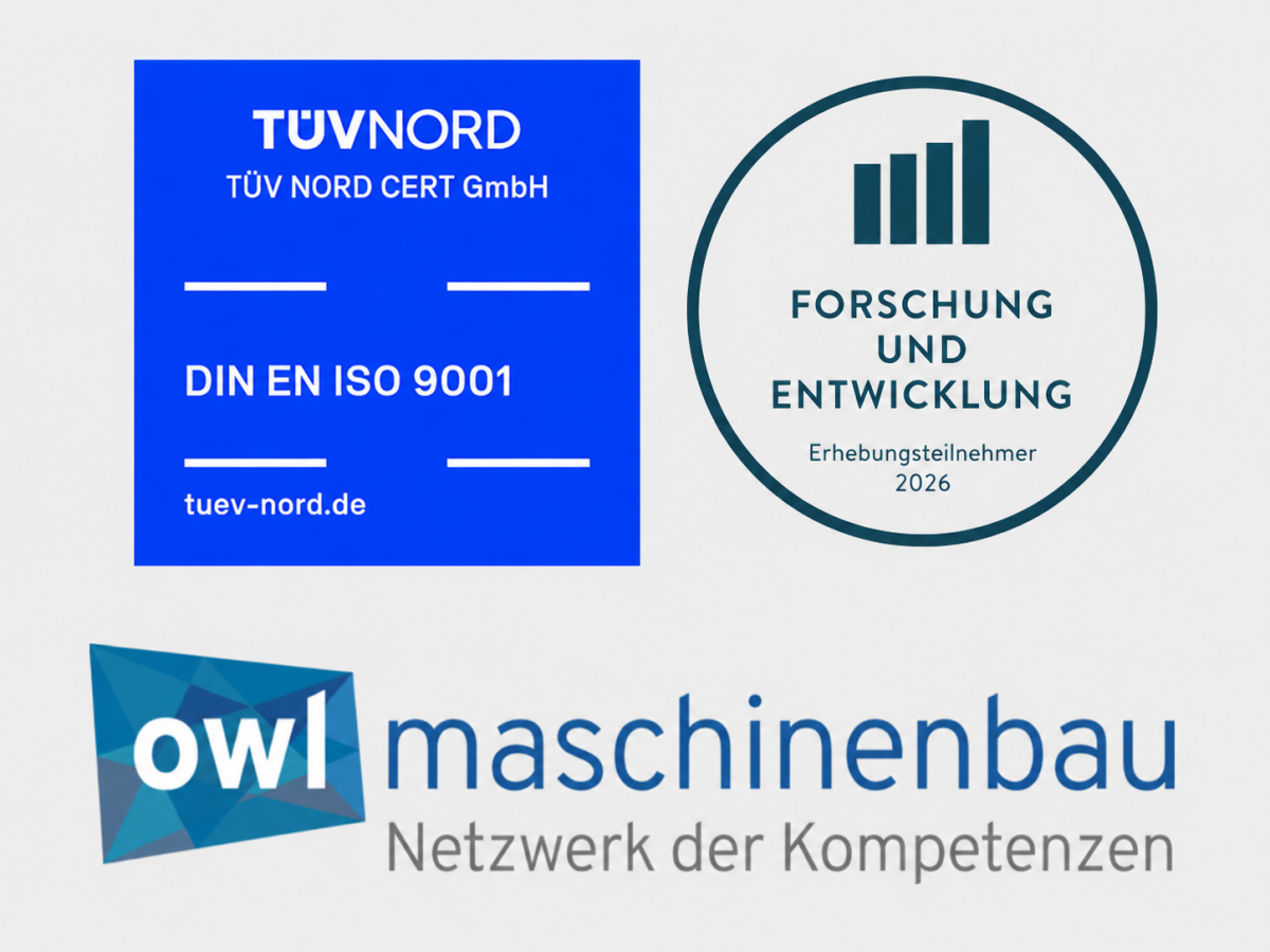 Abbildungen drei verschiedener Auszeichnungen, wie Innovativ durch Forschung, Top-Innovator und OWL Maschinenbau