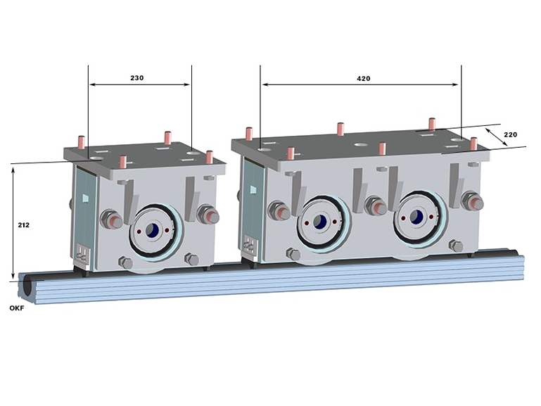 3D rendering of wr40 - Single and double wheel blocks with mounting frames and dimensions 