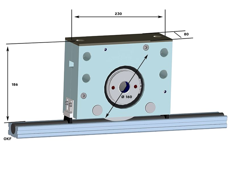 Technical drawing of a WR25 single wheel block on a waverail, showing the main dimensions. 