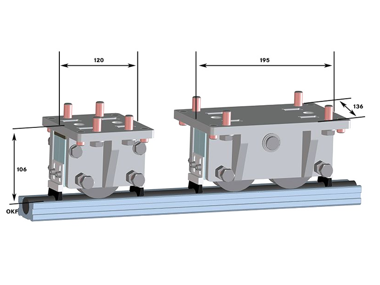 CAD rendering of wr40—single- and double-wheel blocks with mounting frames and dimension annotations 
