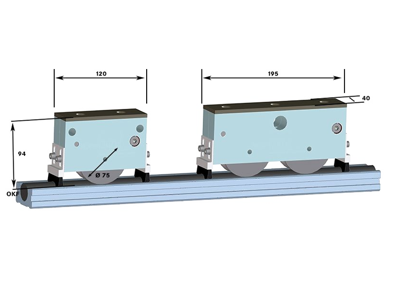 CAD rendering of WR25 wheel blocks for the waverail system. Shown are a single wheel block and a double wheel block on the rail, along with the corresponding installation and dimensional specifications. 
