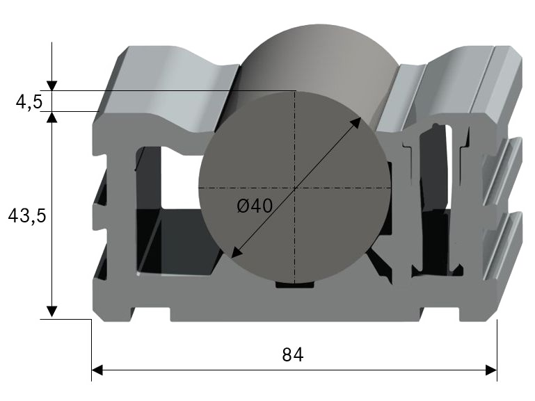 Technical cross-sectional drawing of the WR40 rail with an integrated roller. The drawing shows the profile geometry, the roller guide, and the relevant dimensions. 