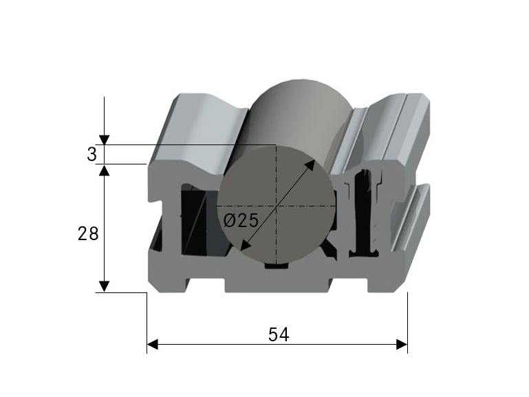 Technical cross-sectional drawing of the WR25 rail with an integrated roller. The profile geometry and key dimensions are shown with dimensions in the diagram. 