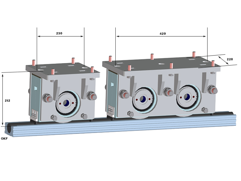 3D rendering of wr40 - single- and double-wheel blocks with mounting frames and dimensions