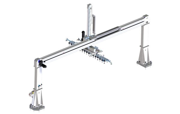 3D-CAD-Darstellung einer Vereinzelungsanlage mit zwei Stützsäulen, einer horizontalen Schiene und einem daran befestigten Greifarm mit Saugnäpfen