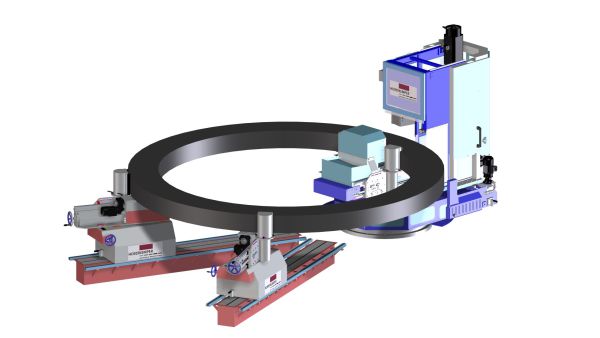 CNC-Bohrmaschine mit rundem Werkstück und zwei linearen Führungsschienen in einer technischen 3D-Darstellung