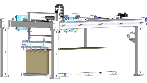Beschickungsanlage mit Abschiebermechanismus zum Verschieben von Holzplatten in einem Stapel