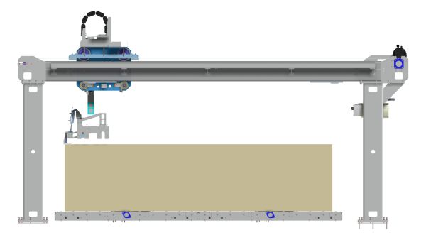 Industrieroboter mit Abschiebermechanismus über einem Stapel Holzplatten auf Förderband