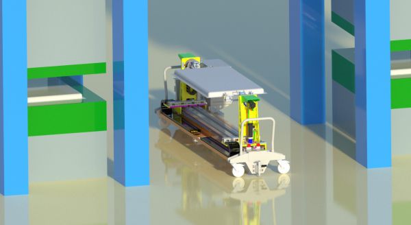 3D-Rendering Wende- und Orientiertstationen für Pressen mit Servo-Achsen und automatischer Breitenverstellung.