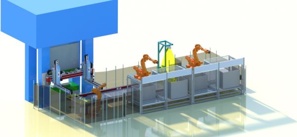 3D-Rendering einer automatisierten Fertigungszelle mit Pressenanlage, mehreren Industrierobotern und Schutzverglasung