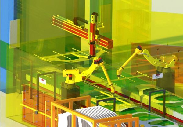 3D-Visualisierung eines Robotersystems mit zwei gelben Industrierobotern, die über Förderbändern arbeiten