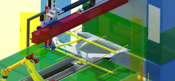 3D-Rendering von automatisiertem Shuttlesystem mit Roboterarm und  Führungsschienenrahmen über Arbeitsfläche 