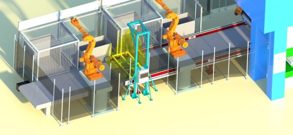 3D-Rendering Industrieroboter in einer Fertigungslinie mit Schutzgittern und einem Kamerasystem zur positionsgenauen Lageerfassung von Bauteilen auf einem Auslaufband