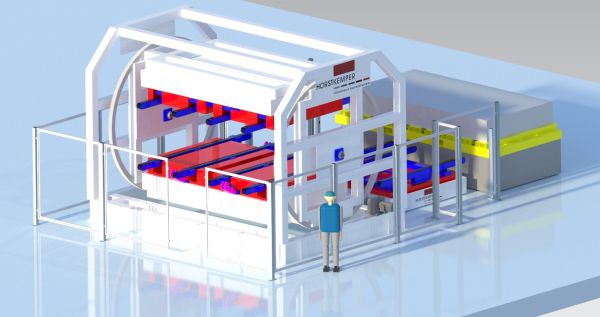 3D-Modell eines Platinenstapelwenders mit einem stehenden Menschen zur Größendarstellung