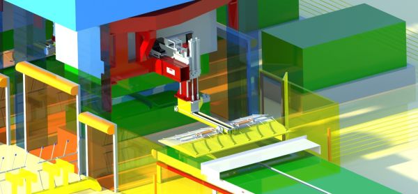 3D-Darstellung Feedersysteme: 7-Achsen Feeder für kompakte Tandem-Pressenlinien in moderner Ausführung.