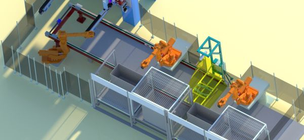 3D-Rendering Stapelroboter in einer Fertigungszelle mit Förderbändern und Gittercontainern zur positionsgenauen Lageerfassung von Bauteilen im EoL-Bereich