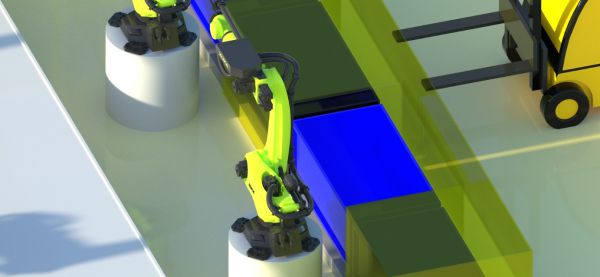 3D-Rendering Gelbe Industrieroboter mit Greifern heben Bauteile über blauen Behältern in einer automatisierten Stapelanlage im EoL-Bereich.
