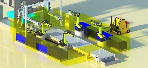3D-Darstellung eines automatischen Stapelsystems mit Shuttle-System, Robotern, Auslaufband und mehreren Stapelplätzen für die automatische Ablage von Fertigteilen.