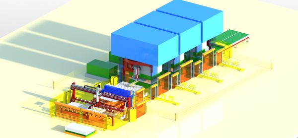 3D-Darstellung des Feedersystems für Tandem-Pressen mit 7 Achsen und 100 kg Traglast.