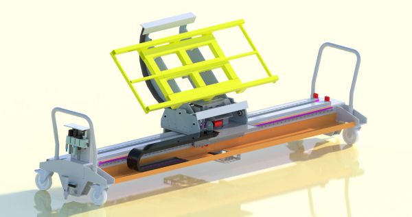 3D-Rendering von Maschinenelement mit Wender auf Schienenführung zur Ausführung eines Hubes in Pressendurchlaufrichtung