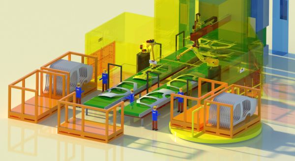 3D-Visualisierung einer Behälterstation mit Förderbändern, mehreren Behältern und Schutzgeländern in Gelb und Orange