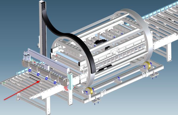 3D-Rendering eines Trommelwenders mit einem zylindrischen Gestell, das auf einem Förderbandsystem montiert ist