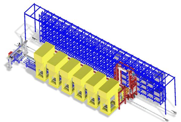 3D-Modell einer automatisierten Werkzeugwechselanlage mit gelben Werkzeugstationen, blauer Rahmenkonstruktion und rotem Greifarm