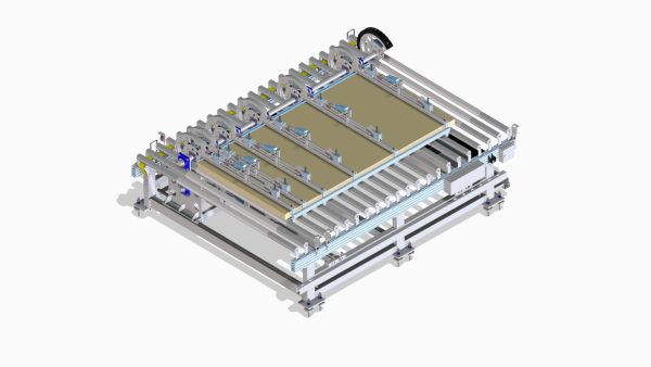 3D-Modell eines Gabelwenders mit mehreren parallelen Greifarmen und einem Rahmen aus Metallprofilen