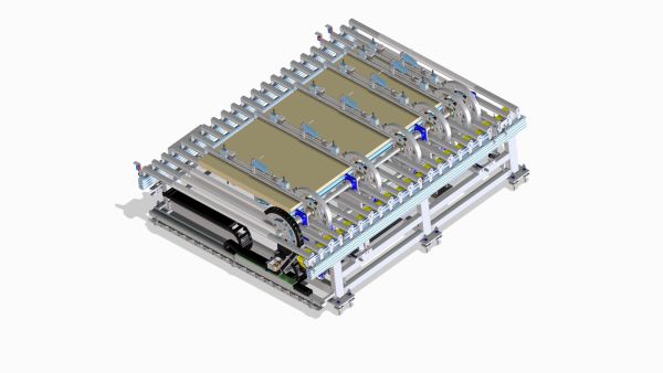3D-Modell eines Gabelwenders mit mehreren parallelen Greifarmen und einem Rahmen aus Metallprofilen
