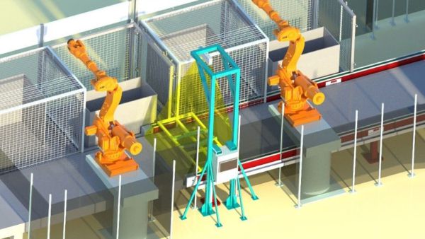 3D-Rendering Industrieroboter in einer Fertigungslinie mit Schutzgittern und einem Kamerasystem zur positionsgenauen Lageerfassung von Bauteilen auf einem Auslaufband