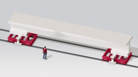 3D-Rendering eines Stahlträgers, der auf roten Fluförderfahrzeugen transportiert wird