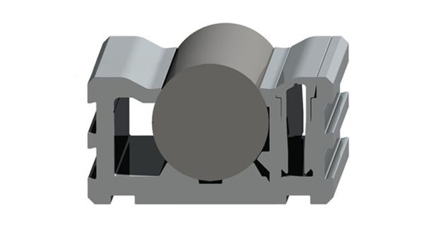 Technical cross-sectional drawing of the WR25 rail with an integrated roller. The drawing shows the profile geometry, the roller guide, and the relevant dimensions.