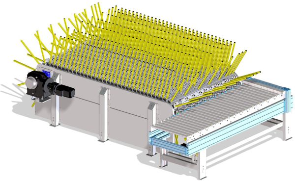 Isometrische CAD-Darstellung eines Igelpuffers. Die geneigten Aufnahmestäbe sind über die gesamte Speicherfläche angeordnet und mit einer Förderstrecke verbunden.