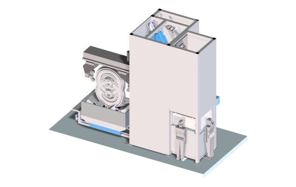 Rissprüfstand (Magnetpulver) in 3D-Ansicht mit klaren Strukturen und Komponenten für Materialprüfung.