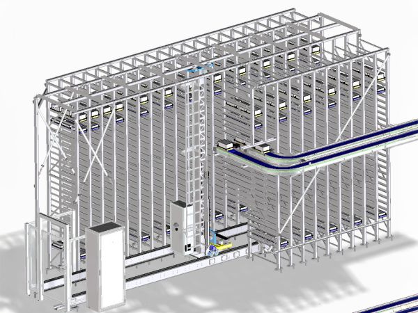 Isometrische CAD-Darstellung eines Hochregallagers mit Regalbediengerät. Das Modell zeigt die zentrale Fahrgasse, die Lagerfächer und die angebundene Fördertechnik.