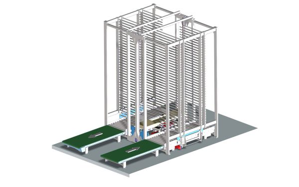 Isometrische CAD-Darstellung eines Sortierspeichers mit zwei Förderstrecken und mehrgeschossigen Speicherfächern. Die zentrale Hub- und Transporteinheit ist zwischen den Speicherreihen positioniert.