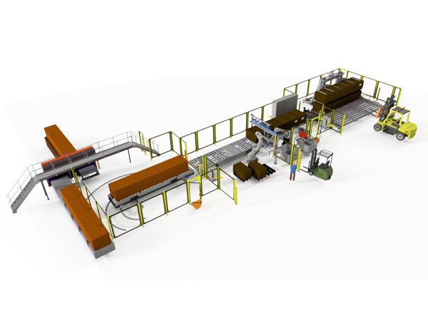 Isometrische CAD-Darstellung einer Stapelanlage mit Förderstrecken, Stapelplätzen, Roboterzelle und Materialübergabebereichen.