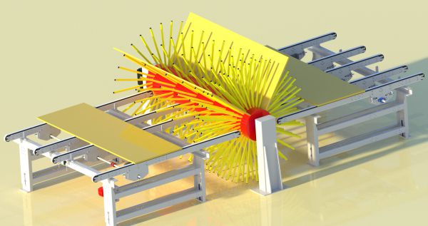 Bild eines Sternwenders mit gelben, radial angeordneten Zinken auf einem grauen Rahmen mit zwei parallelen Schienen und einem Steuergerät an der Seite