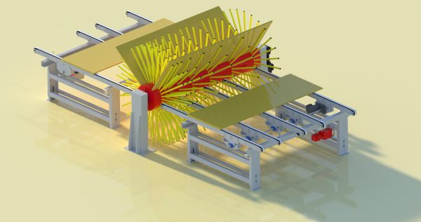 Bild eines Sternwenders mit gelben, radial angeordneten Zinken auf einem grauen Rahmen mit zwei parallelen Schienen und einem Steuergerät an der Seite