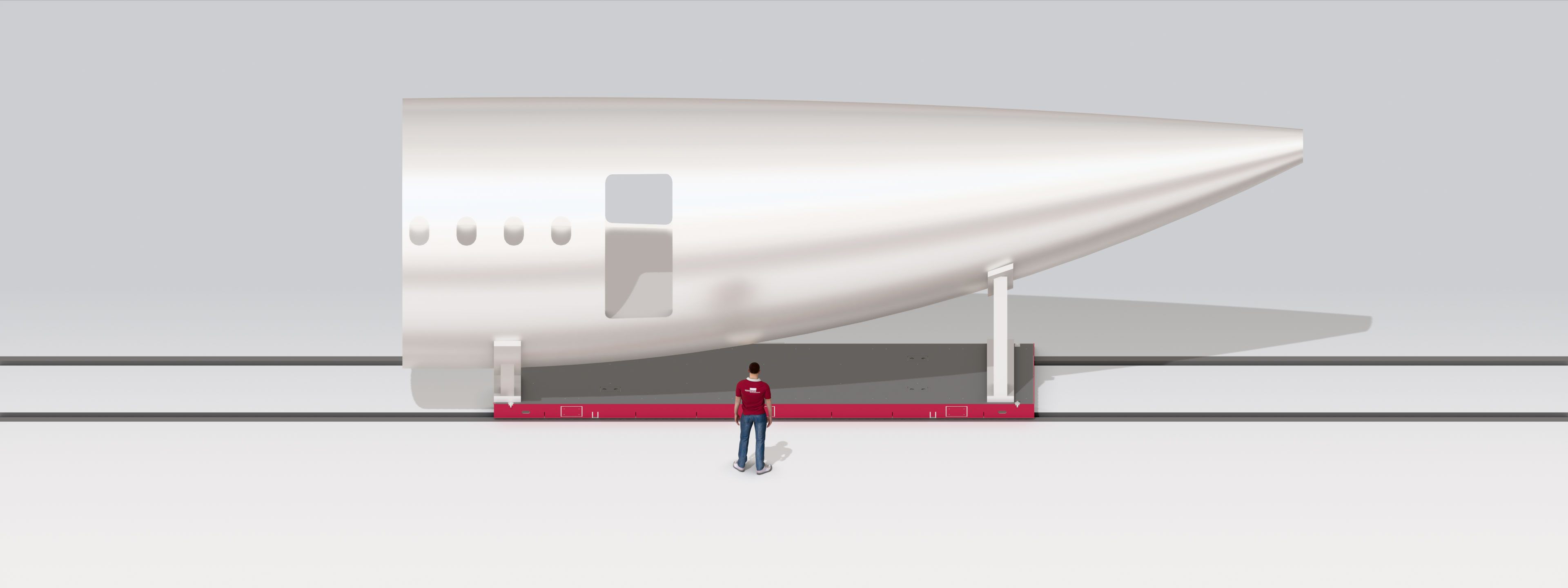 3D rendering of an aircraft fuselage being transported by a red conveyor vehicle.