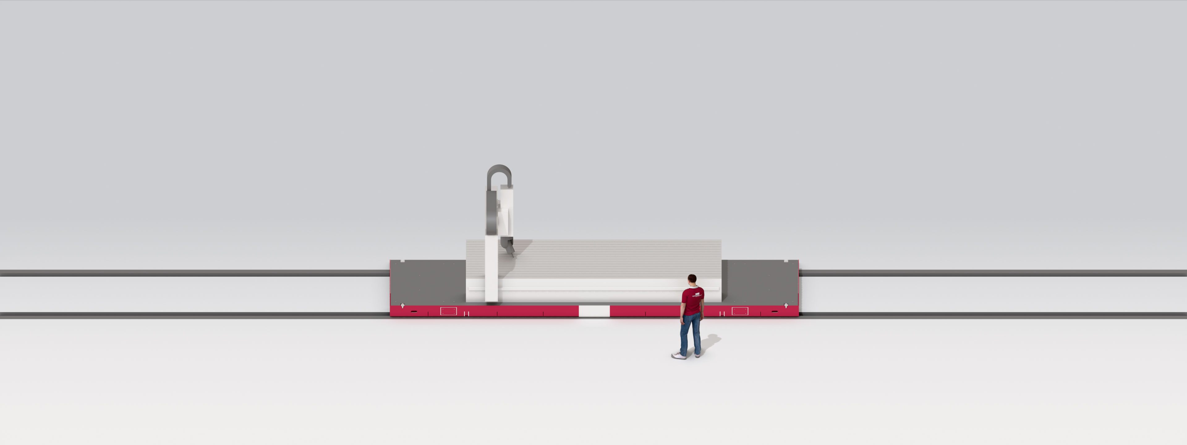 3D rendering of an assembly being conveyed by a red conveyor vehicle.