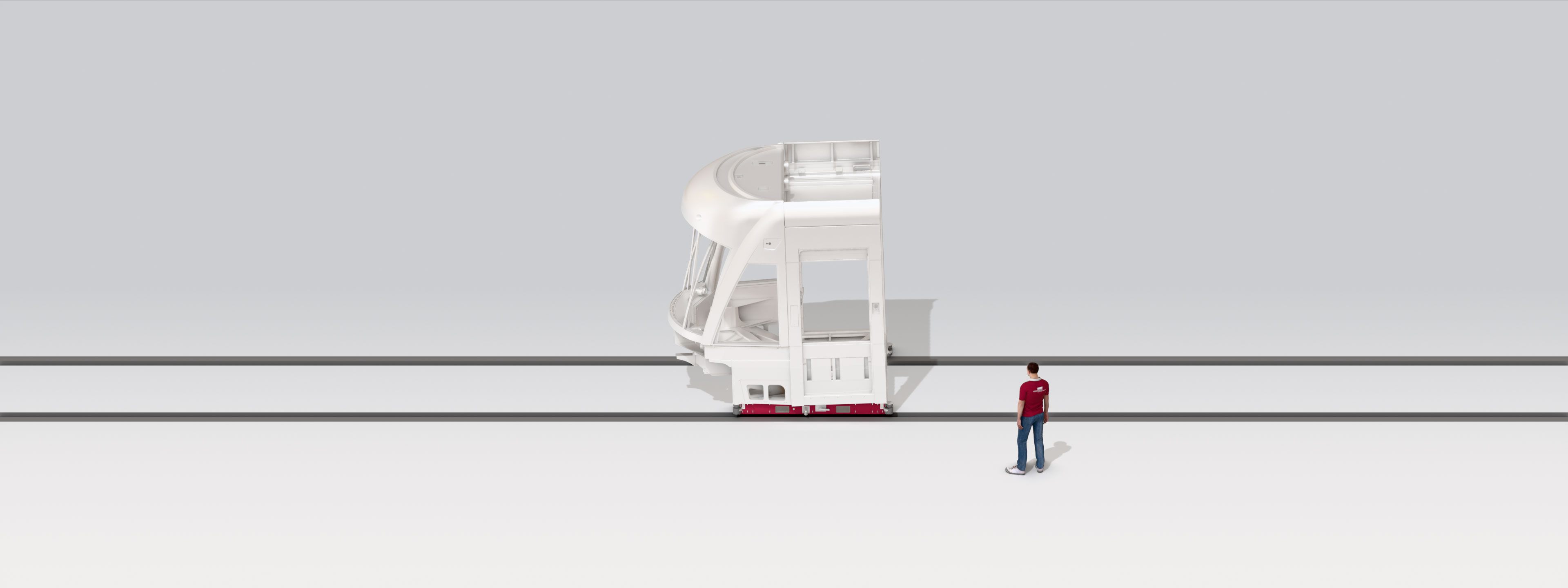 3D rendering of a tram cockpit being transported on a red conveyor platform.