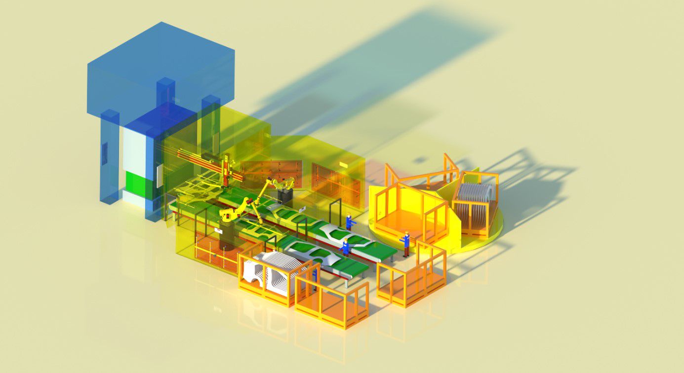 3D-Rendering einer automatischen Stapelanlage mit Förderband, Schutzverkleidungen und Roboterarmen in verschiedenen