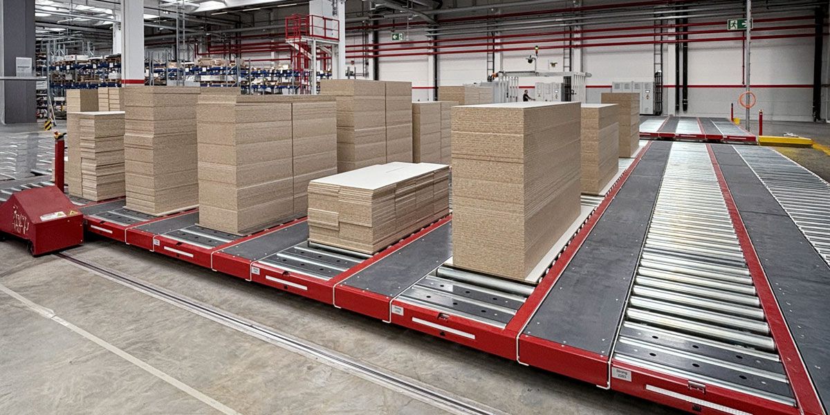 A view of a conveyor system with roller conveyors and several stacked bundles of wooden panels in a production hall.