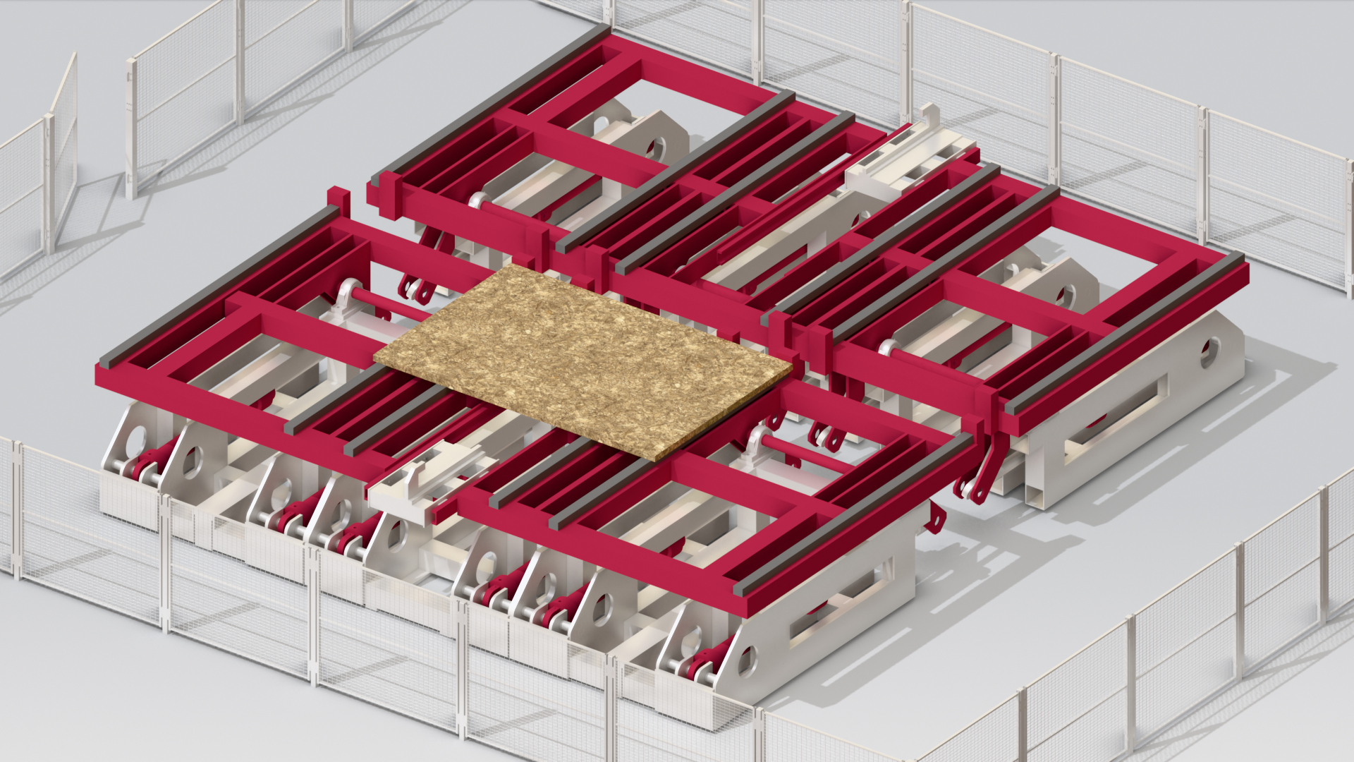 3D rendering of a butterfly turner with a red metal frame and gray mechanical components on a platform