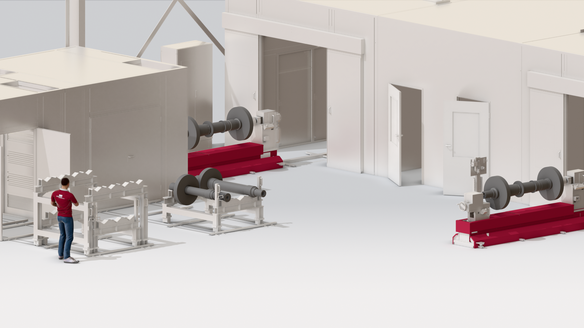 3D-Visualisierung einer automatisierten Anlage mit Fördertechnik, Bearbeitungsstationen und Materialtransport zwischen den Prozessbereichen.