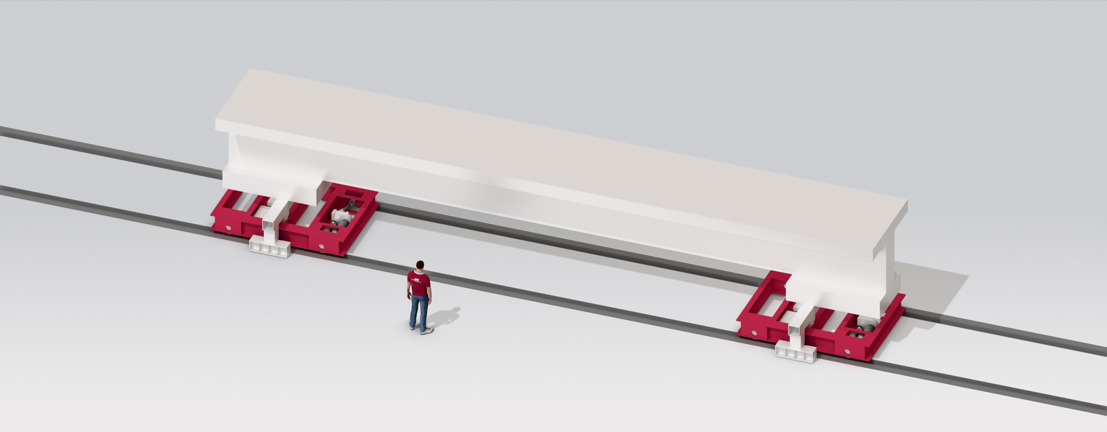 Steel beams are transported on red conveyor vehicles.