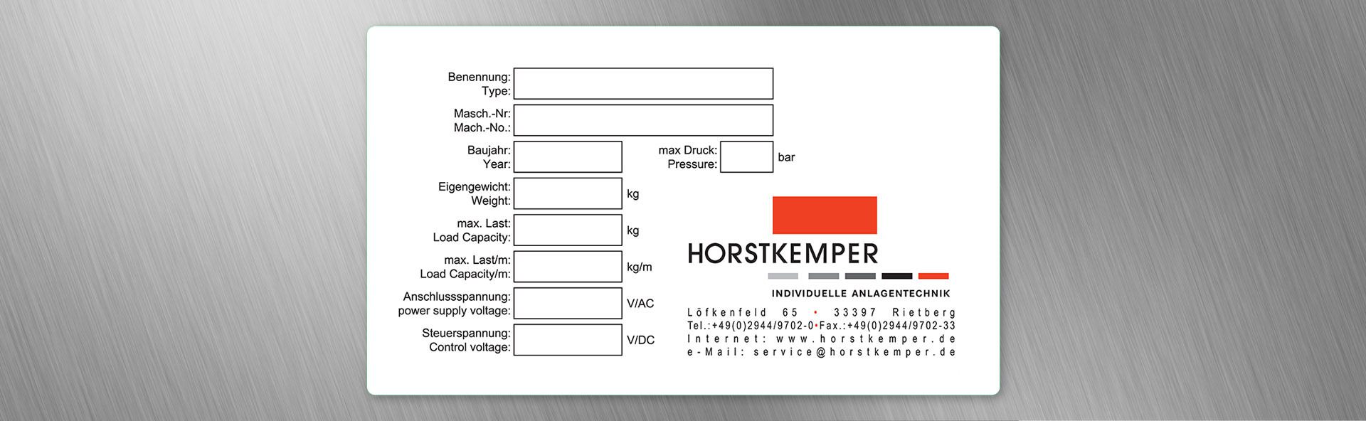 Typenschild mit Feldern für technische Daten und Firmenlogo von HORSTKEMPER Maschinenbau Anlagentechnik